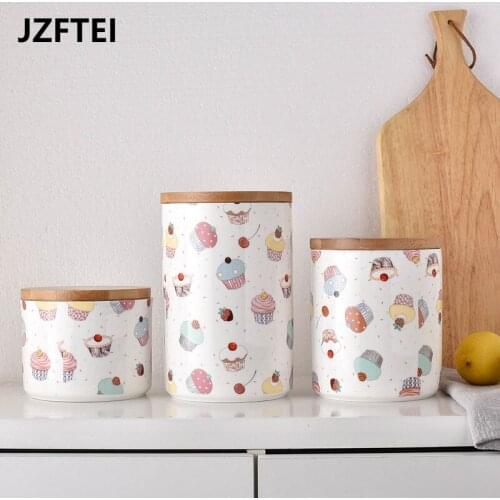 Creative Cake Impression Ceramic Storage Seal Bottles Spice Wooden Lids Coffee Sweets Walnut Biscuits Storage Tank Container