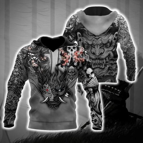 Samurai Oni Mask Tattoo 3D Printed Autumn Men Hoodies Unisex Casual Pullover Zip Hoodie Streetwear Retro sudadera hombre DW0508