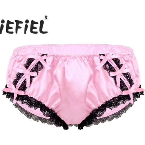 New Arrival Fashion Mens Shiny Soft Ruffled Floral Lace Satin Lingerie Low Rise Stretchy Bikini Sissy Briefs Underwear Panties