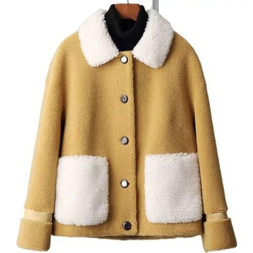 New winter womens grain fleece fur oneness coat fashion short lambskin sheep shearing warm imitation fur parka womens overcoat