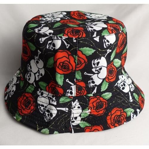Punk Harajuku Panama Hats Skull And Rose Flower Print Bucket Hat For Women Man Reversible Summer bob Fishing Cap Accessories