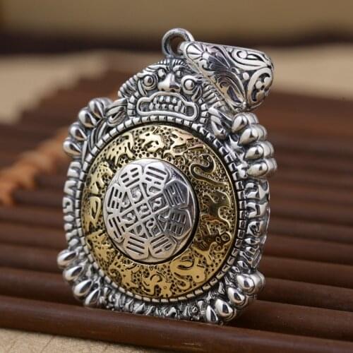 S925 Sterling Silver Personality Retro Distressed Nine Palaces Gossip Rotating Pendant