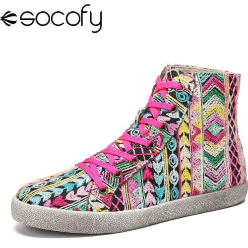 SOCOFY Women Colorful Embroidered Cloth Sneakers Lace Up Casual Running Walking Shoes Stitching Skate Shoes High-top Sport Shoes