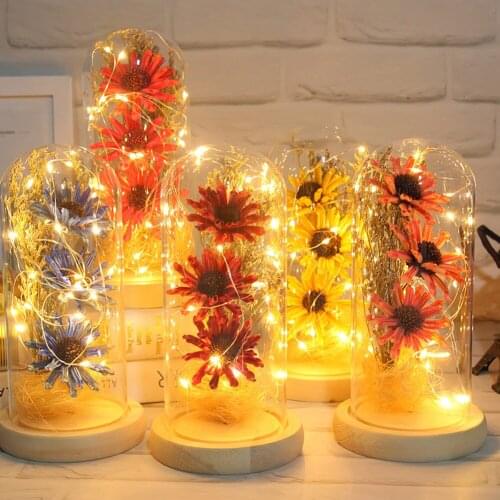 Dried Sunflower in Glass Dome with Warm Yellow Light String Micro Landscape Night Light Valentine Day Mother Day Gifts