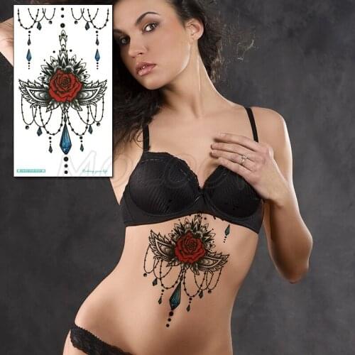 Temporary Chest Tattoo Sticker Flower Necklace Diamond Dot Design Fake Tatoo Flash Tatto Waterproof for Women Men Body Art