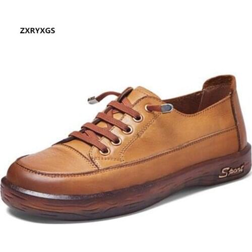 2021 New Top Cowhide Spring Leather Sneakers Women Casual Shoes Flat Non-slip Wear Soft Sole Women Shoes Fashion All-match Flats