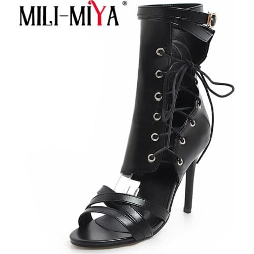 MILI-MIYA New Arrival Women Sandals Sexy Super High Thin Heels Gladiator Zip Solid Color Cross-Tied Dress Shoes Plus Size 34-46