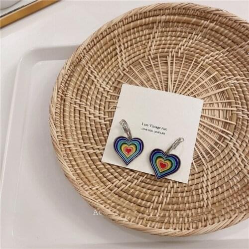 Origin Summer Sweet Cute Rainbow Color Love Heart Hoop Earring for Women Girls Delicate Metallic Earring Jewelry Pendientes