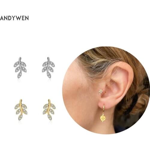 ANDYWEN 925 Sterling Silver Gold Zircon CZ Crystal Leafs Stud Earring Piercing Women Wedding Jewelry Clips Luxury Jewelry