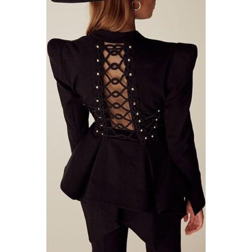 Autumn Blazer Feminino Back Lace Up Hollow Out Asymmetric Suit Blazer Women 2019 Fall High Street