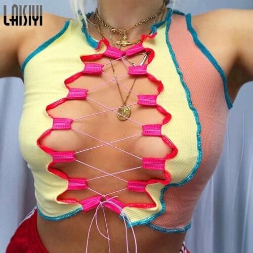 LAISIYI Sexy Club Cross Lace up Patchwork Hollow Sleeveless Crop Top Fashion Slim Clothing Summer Party Streetwear Tank Mujer
