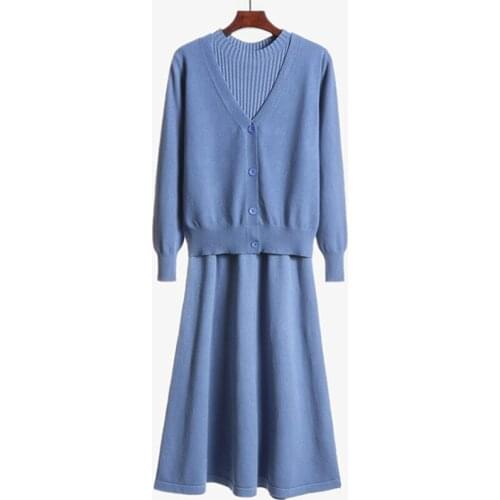 Women 2021 Autumn Winter Fashion Knitted Two Pieces Set Female Solid Short Sweater +Vest Dress Ladies Outfits Casual Suit