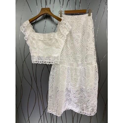 Top Quality Womens Set 2021 Summer Crop Sets Ladies Luxury Embroidery White Crop Tops+High Waist Long White Maxi Skirt Sets