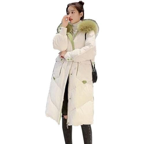 Elegant Winter Womes Coat Down Cotton Thick Warm Clothing Long Fashion Loose Slim Female Coats Fur Collar Hooded Jacket OK1109