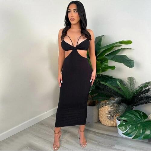 Puloru Women’s Summer Sexy Suspender Dress Fashion Solid Color Cutout Split Midi Bodycon Dress Party Club Backless Clothes