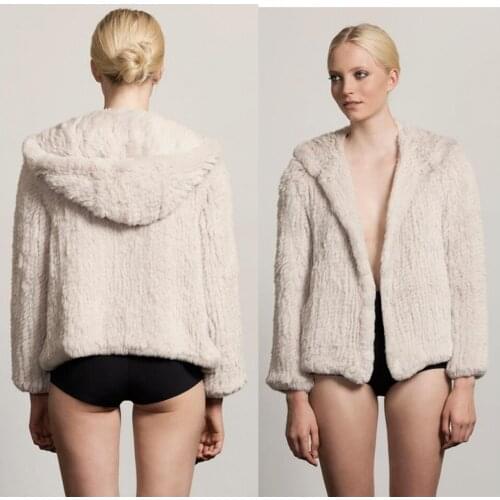 SJ435 New Fashionable Smooth Fluffy Rabbit Fur Coat Women Big Hooded Winter Overcoat Hand Knit Dark Brown Rabbit Fur Jacket