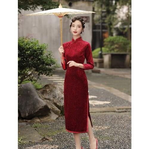 H.RONG.X 2021AW Traditional Retro Cheongsam New Fashion Chinese Red Women Chipao Dress Long Elegant Sexy Orient Qipao High Split