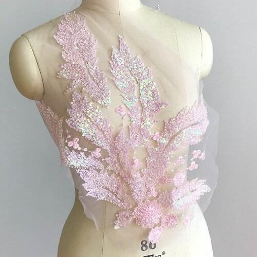 1piece Beads Sequins Embroidery Lace Flowers Applique Mesh Venise Bridal Lace Trims FabricDIY Wedding Dress Decoration Materials