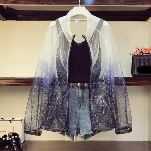 2021 Summer Plus Size 3 Piece Set Women Gradient Star Mesh Sunscreen Shirt + Solid Knit Vest + Denim Shorts Three Piece Set Suit