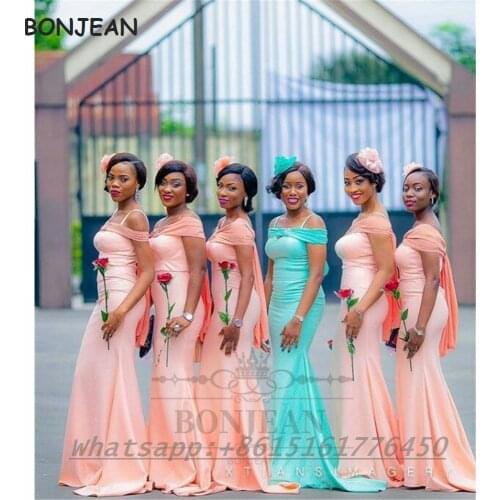 2021 Mermaid Bridesmaid Dresses Coral Off-The-Shoulder Black Girls Bridesmaid Dress Floor Length South African Party Dress