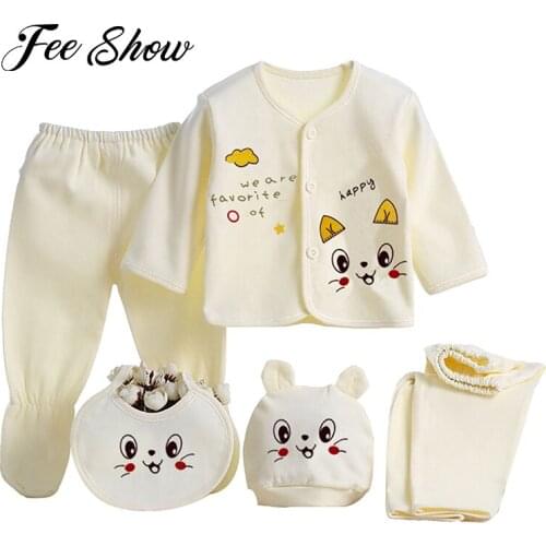 5PCS/SET Newborn Baby Underwear Suits Infant Unisex Pajamas Cotton Clothes Set Baby Cardigan Tops Bibs Hats Pants 0-3 Months