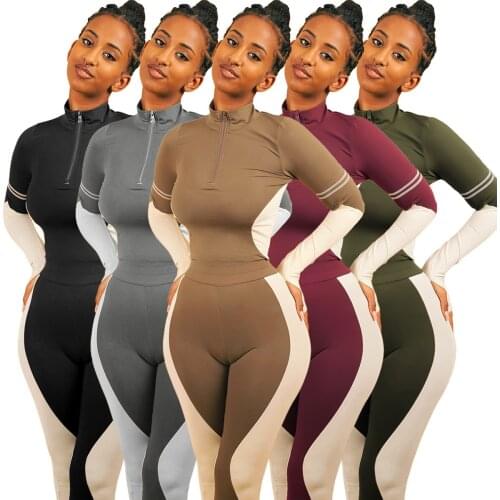 9GL6323 Autumn Winter Women Casual Fashion Patchwork Print Sports Two Piece Set Top and Pants Tracksuit Sweatsuit Outfits Hot