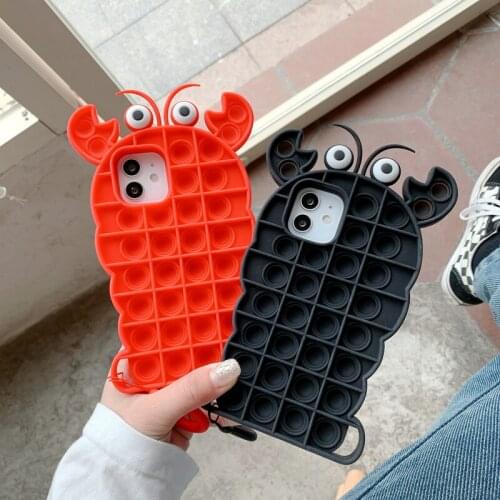 Stress Reliever 3D Crayfish Bubble Beans Phone Case For iPhone 11 Pro Max X XR 7 8 Plus 12ProMax Fidget Toy With Finger Ring