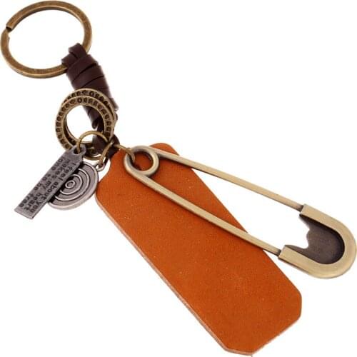 Charm Retro Cowhide Alloy Keychain Pin shape Keyring Punk Genuine Leather Car Keyfobs Creative Bag Pendant Jewelry Gift FY078