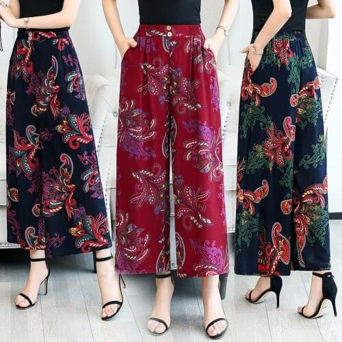 Womans Elastic High Waist Casual Wide Leg Pants Plus Size Loose Print Ladies Trousers Full Length Pants with Pockets for Female
