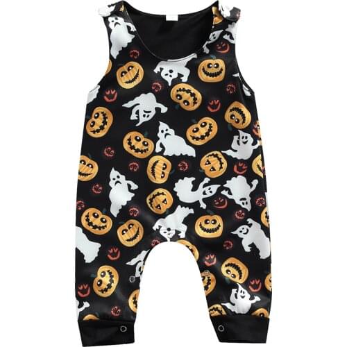 Baby Romper, Kids Halloween Pumpkin Print Round Neck Sleeveless Jumpsuit for Girls, 0-24 Months