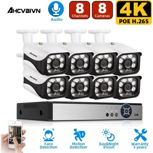 Super 8CH 8MP 4K HDMI H.265 POE NVR Kit Audio CCTV System Outdoor IP66 IP Camera P2P Security Surveillance Motion detection