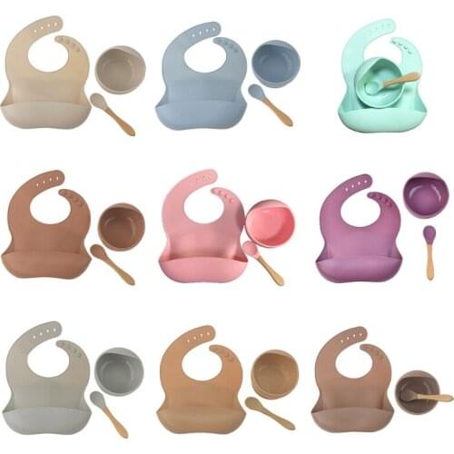 Null 3Pcs Baby Tableware Set Newborn Bibs+Dinner Plate+Spoon Set Waterproof Food Grade Silicone Feeding Saliva Towel Teething