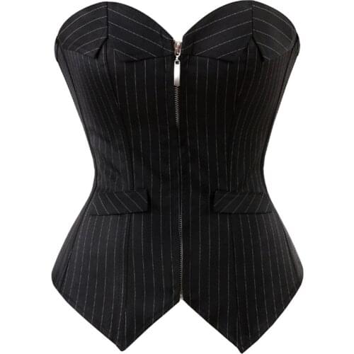 Corset Top Sexy Overbust Corset Bustier Black Striped Office Lady Corselet Sexy Women Zip Strapless Costume Burlesque mujer