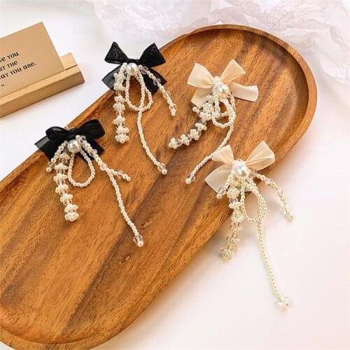 Hyperbole Statement Pearls Bowknot Drop Women Dangle Sweet Long Tassel Crystal Cotton Bowtie Big Korean Design Earrings Jewelry