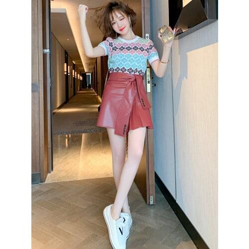 Fashion vitality stitching tie buttons A-line high waist pleated small leather skirt skirt womens clothing 2020 autumn new