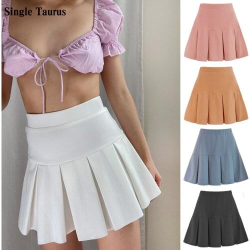 Fashion Preppy Style Summer Skirt High Waist Solid Color Korea Harajuku Zipper Fly White Mini Pleated Skirt