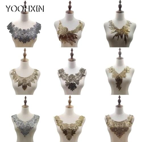 NEW cotton gold embroidery flower lace collar Fabric Sewing Applique DIY ribbon trim neckline craft patches wedding decor