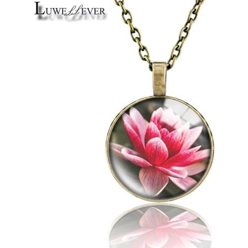 Lotus Necklace 666 25mm Bronze 30mm Wood Rhinestone Double-sided Moon Round Glass Pendant For Women Gift