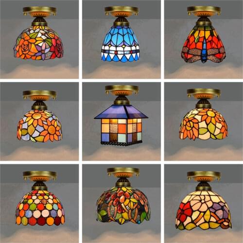 Tiffany Vintage Ceiling Lights Mediterranean Retro LED Stained Glass Ceiling Lamp Living Room Bedroom Bar Kitchen Light Fixtures