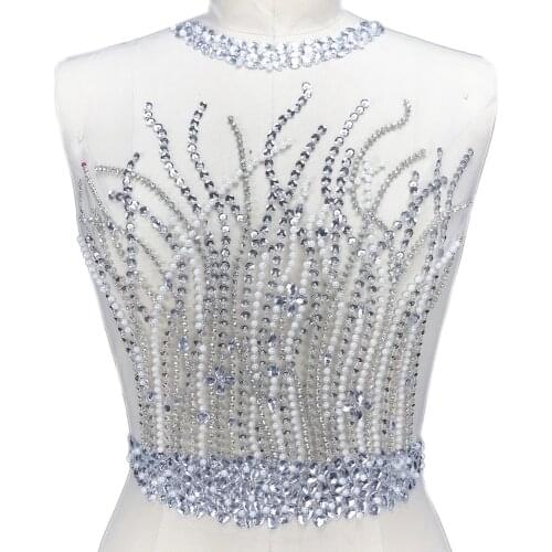 HANDMADE Haut 35x44cm Sewing Bodice Sew on white Wedding Dress Costumes Clothes Sequins Crystals Rhinestones Patches Appliques