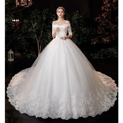 Wedding Dress 2021 New Arrival Flowers Butterfly Gelinlik Embroidery Lace Boat Neck Princess Wedding Gowns Vestidos De Novia