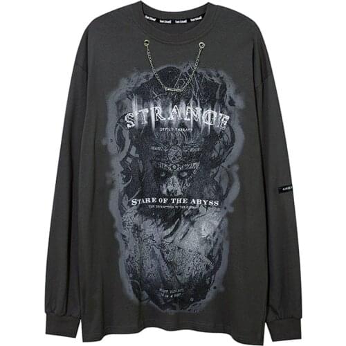 Men Gothic Horror Demon Printed Fashion Chain Sweatshirts Loose Punk Diablo High Street Style Pullover Black Streetwear