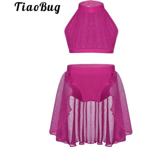 TiaoBug Girls Backless Ballet Tutu Dance Wear Kids Crop Top Shorts Skirt Set Ballerina Stage Contemporary Lyrical Dance Costumes