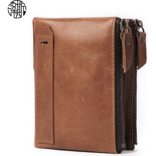 Zenos RFID Blocking Genuine Leather Vintage Men Short Wallet Business Card Holder Zipper Wallets