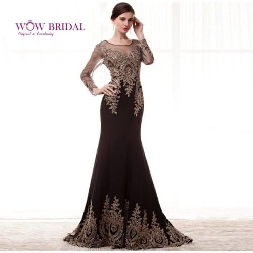 Wowbridal Elegant Full Golden Lace Long Sleeve Evening Dresses Gown Real Sample Chiffon Black Mermaid Dress Formal Evening Gowns