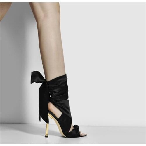 Richealnana Summer Black Soft Silk Woman Sandals Pointed Bow Open Toe Metal High Heel Ankle Strap Elegant Fashion Shoes LadyGirl