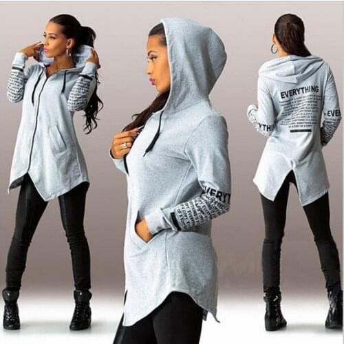 Womens Female Printed Autumn Winter Sweatshirts Hoodies Female Cotton Casual Broadcloth Long Zip-up Hooded Letter Print