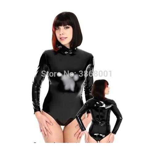 Brand Adult Sexy Shiny Metallic PVC Faux Leather Zentai Leotard Costume long Sleeve Fancy Dress Party Costume