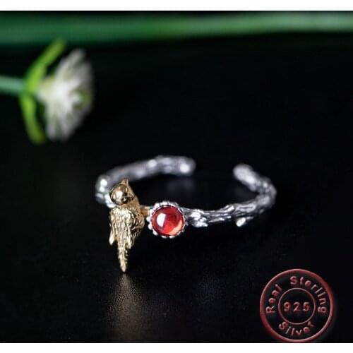 Amxiu Natural Garnet Ring 925 Sterling Silver Open Ring Bird Rings for Women Girls Birthday Party Jewelry Valentines Day Gift