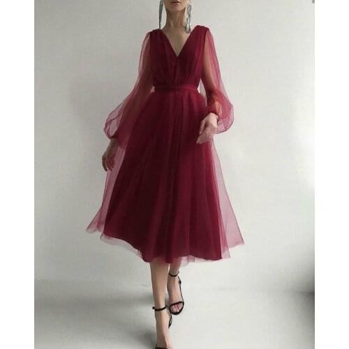 Women Casual Long Dress V Neck Long Puff Sleeve Patchwork Net Yarn Big Hem Solid Color Folds High Waist Slim Vestidos Summer New